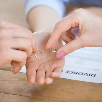 Divorcing,Family,Couple,Give,Wedding,Rings,To,Attorney.,Process,Of